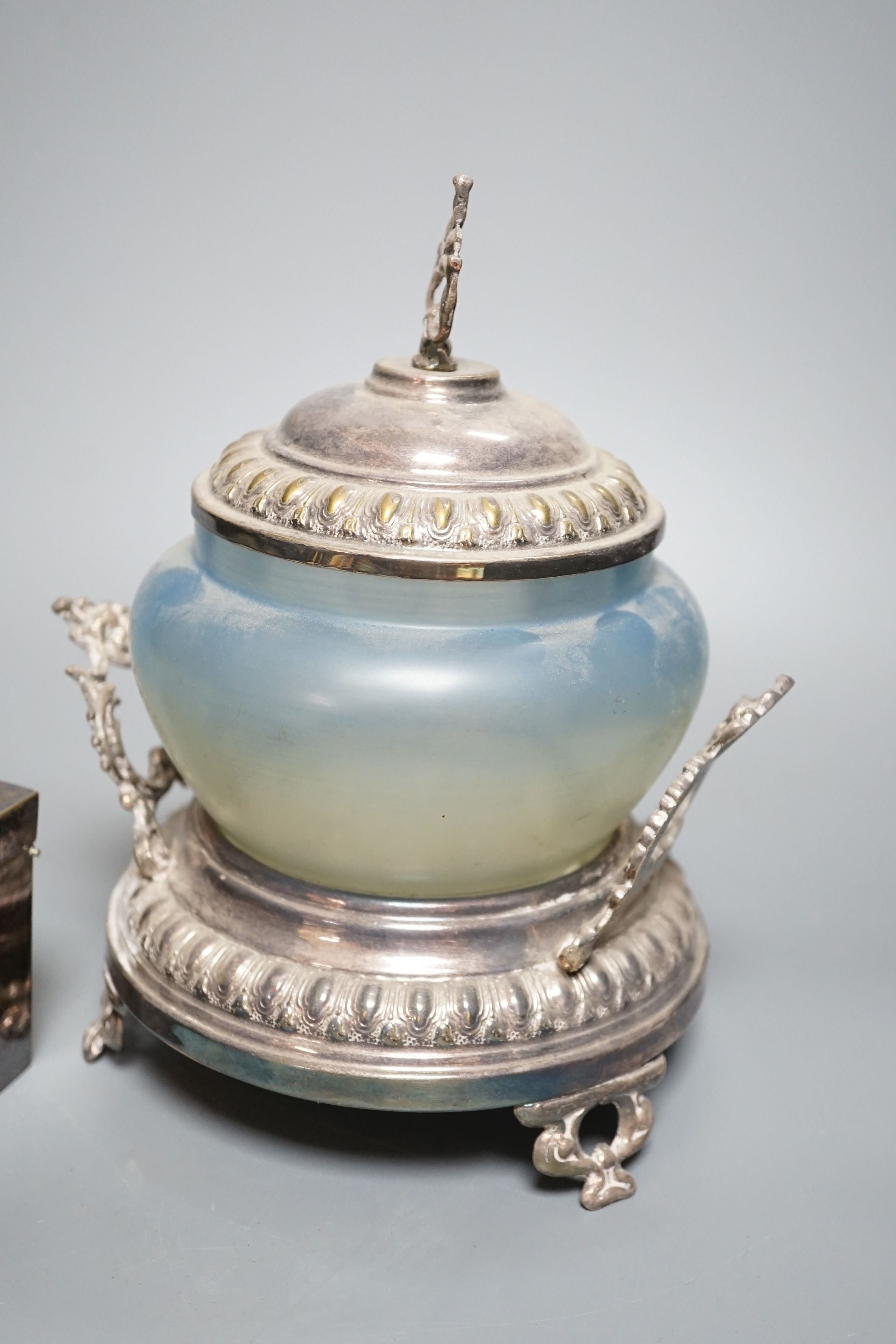 An enamelled glass sugar bowl with plated mounts, and a WMF plated cigar box, 23cm